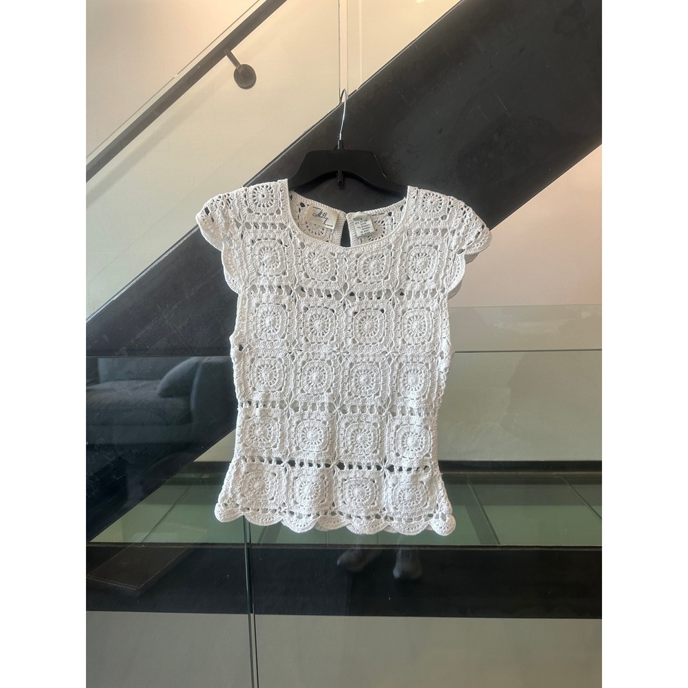 Milly of New York White Crochet Granny Square Knit Top Short Sleeve Small